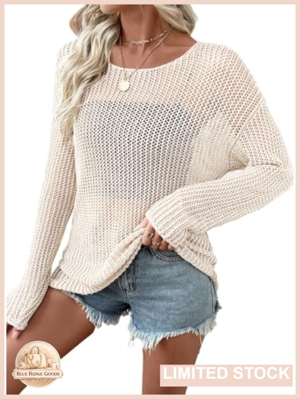 Crochet Hollow Out Knit Sweater Crewneck Long Sleeve Pullover